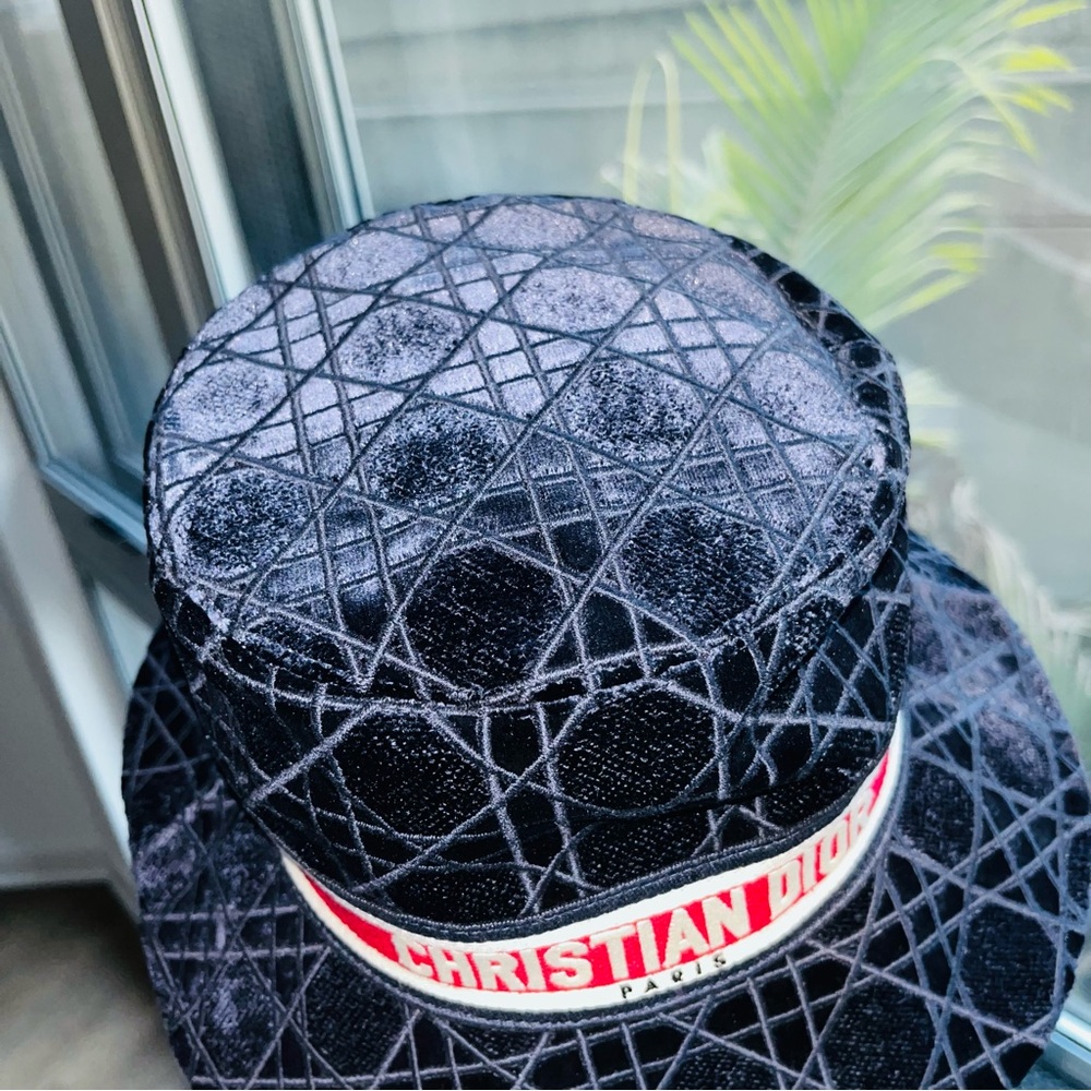 Dior: Velour Corduroy Christian Dior Paris Logo Cannage Embroidered Hat - Picture 11 of 16